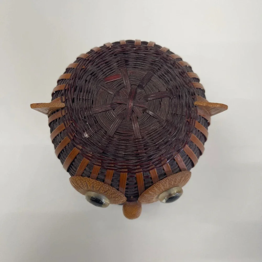 Owl Trinket Basket Small Brown Woven Bamboo Folk Art Functional Decor Vintage